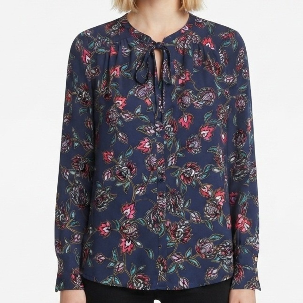 Express Blouse Womens Medium Navy Blue Floral Tie Neck Long Sleeve Top